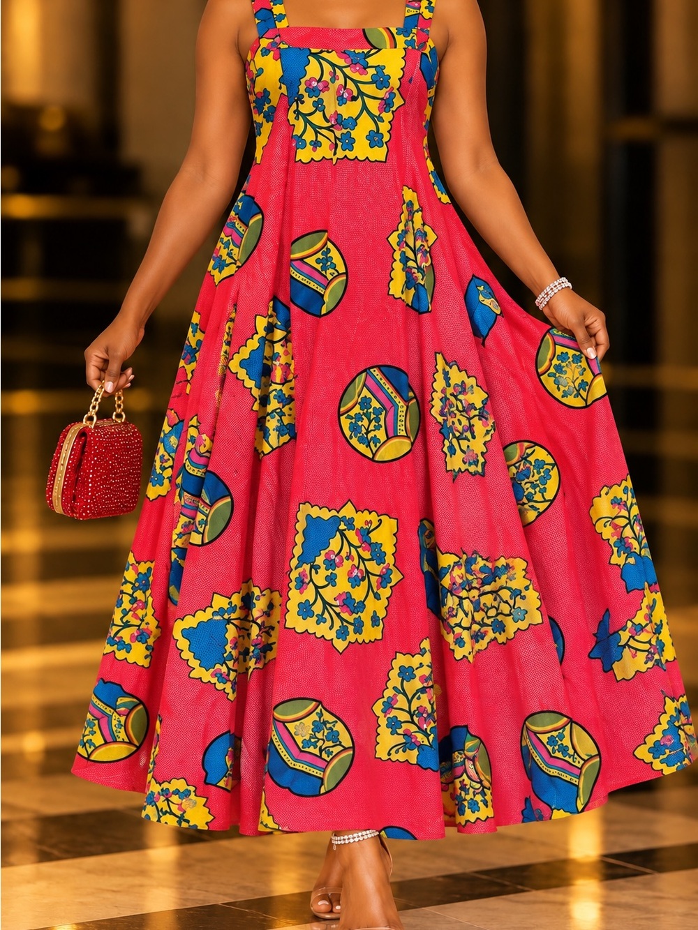 Sleeveless Pink Floral-Print Midi Dress with Square Neck